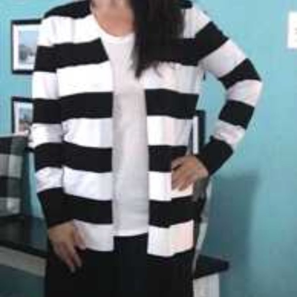 Colorblock stripes open front long Cardigan  Black - Picture 6 of 9